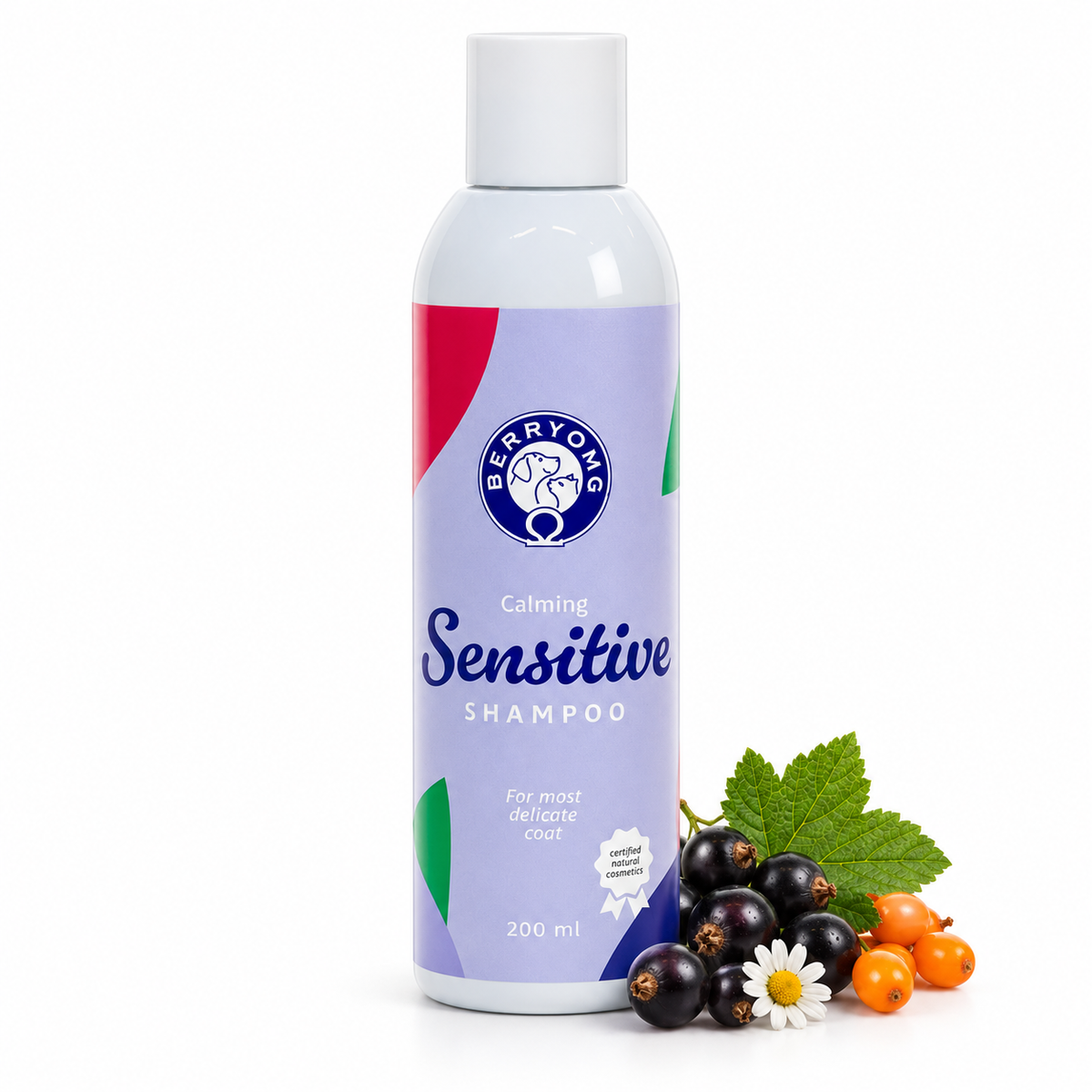 BerryOMG Sensitive Shampoo með sólberjum og hafþyrnisberjum á hvítum bakgrunni
