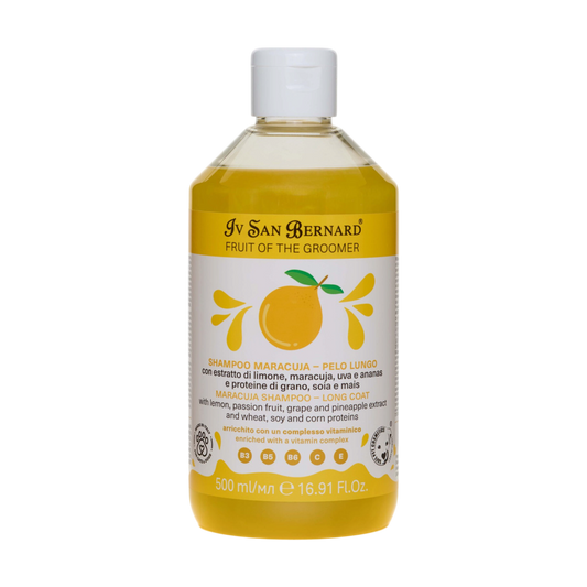 Hundaprýði Iv San Bernard Maracuja long coat dog shampoo in a 500ml bottle with passion fruit extract